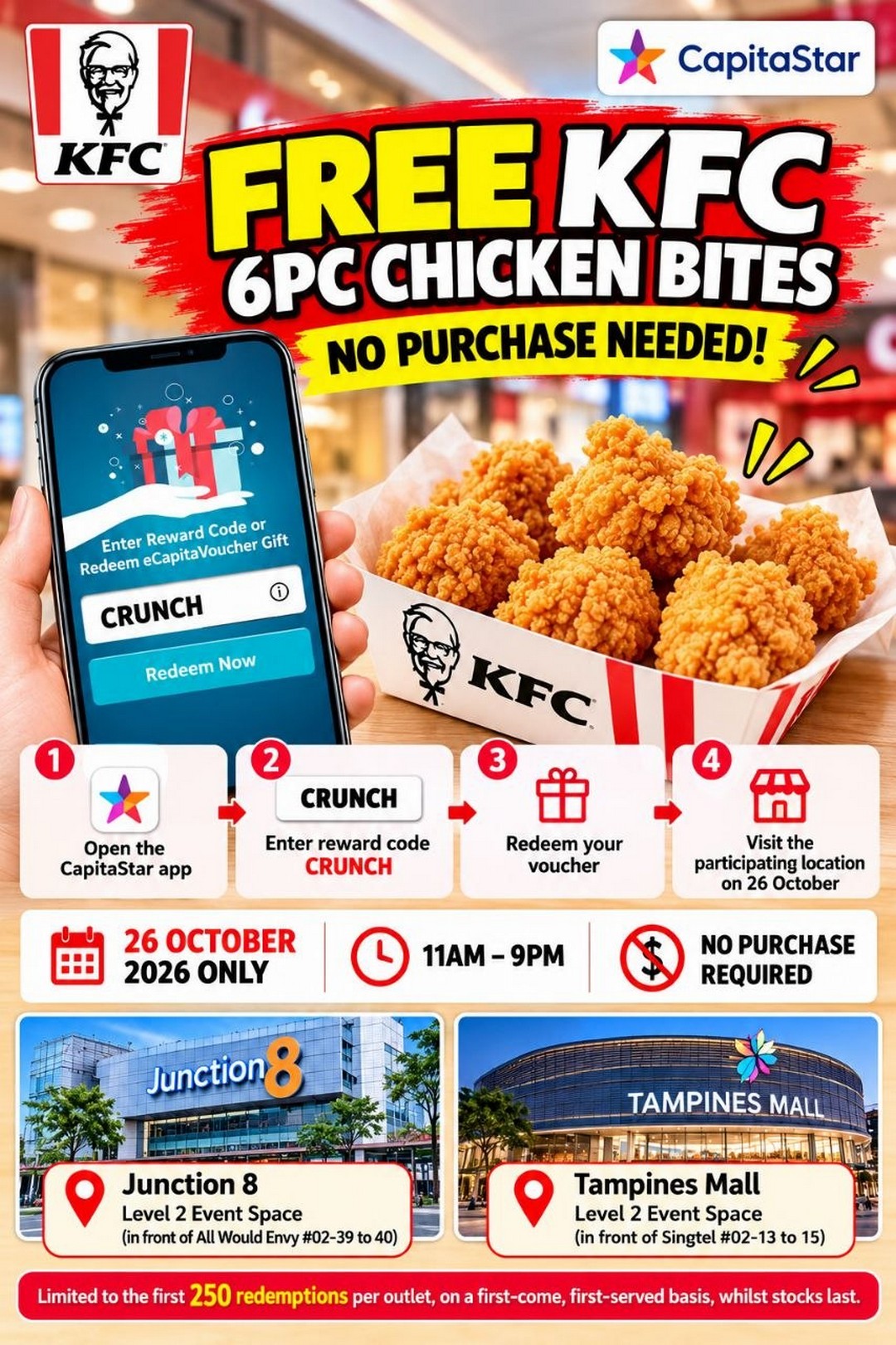 KFC-Singapore-FREE-6-Piece-Chicken-Bites-Promotion-1 26 October 2026: KFC Singapore FREE 6-Piece Chicken Bites Promotion with CapitaStar – Redeem with Code CRUNCH at Junction 8 and Tampines Mall, No Purchase Required