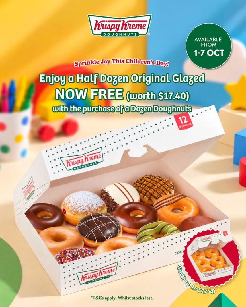 Krispy-Kreme-Childrens-Day-Promotion-–-Get-6-FREE-Original-Glazed-Doughnuts 1–7 October 2026: Krispy Kreme: Children’s Day Promotion – Get 6 FREE Original Glazed Doughnuts Worth $17.40 with a Dozen Purchase