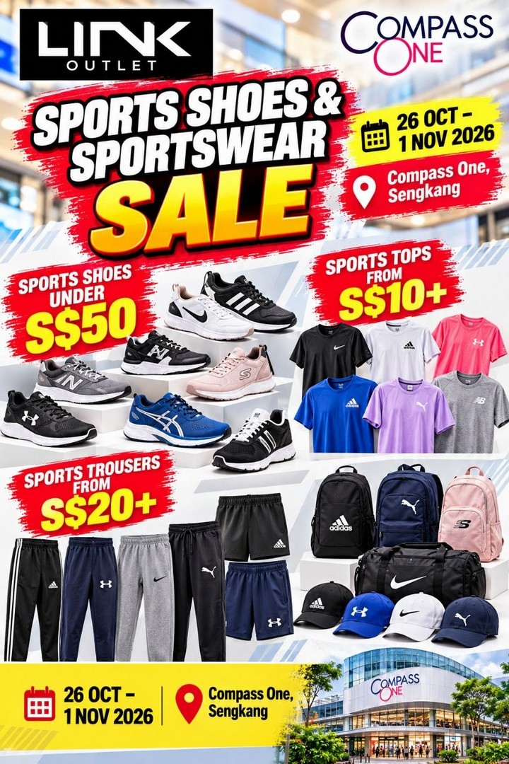 LINK-Outlet-Sports-Shoes-Sportswear-Sale-4 26 October–1 November 2026: LINK Outlet Sports Shoes & Sportswear Sale at Compass One, Sengkang – Shoes Under S$50, Sportswear from S$10, 10am–10pm Mall Hours