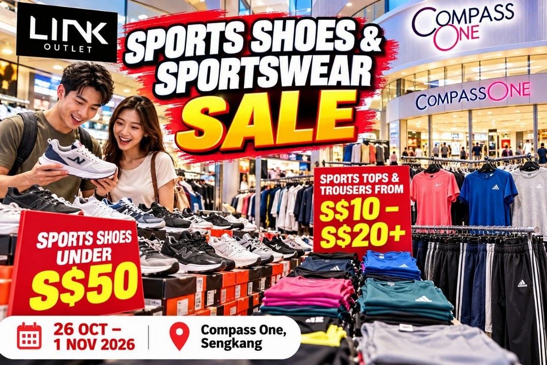 LINK-Outlet-Sports-Shoes-Sportswear-Sale 26 October–1 November 2026: LINK Outlet Sports Shoes & Sportswear Sale at Compass One, Sengkang – Shoes Under S$50, Sportswear from S$10, 10am–10pm Mall Hours