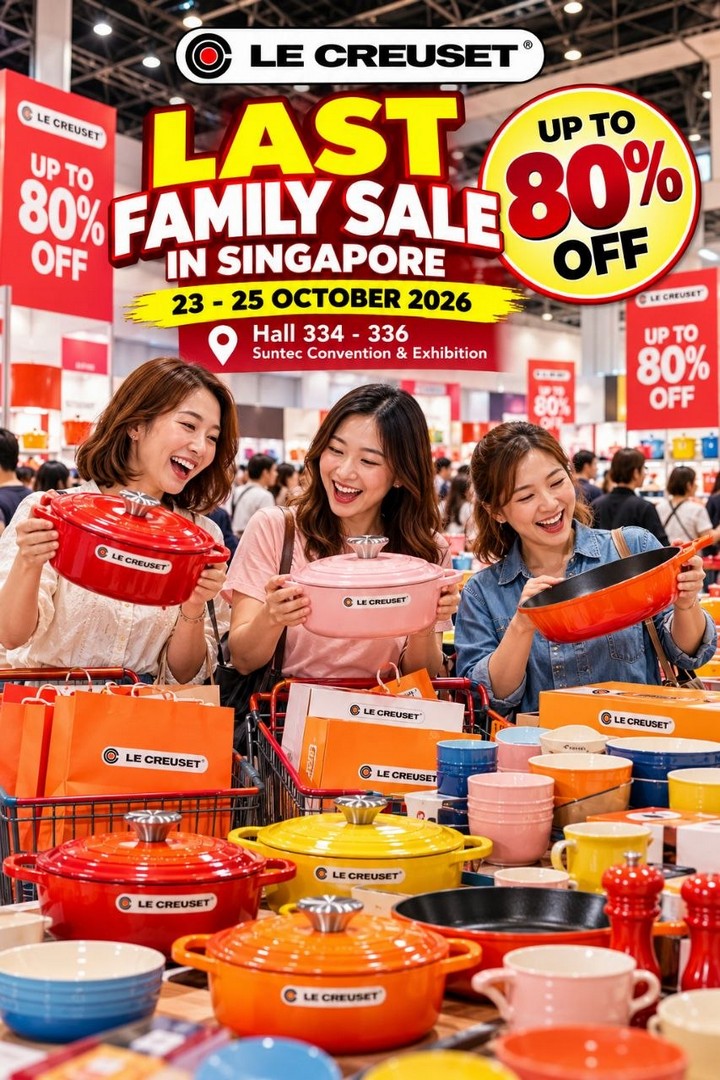 Le-Creuset-Last-Family-Sale-Singapore-–-Up-to-80-OFF-Selected-Cookware-2 23–25 October 2026: Le Creuset Last Family Sale Singapore – Up to 80% OFF Selected Cookware at Suntec Singapore Convention & Exhibition Centre, Plus Extra Savings on Multiple Purchases