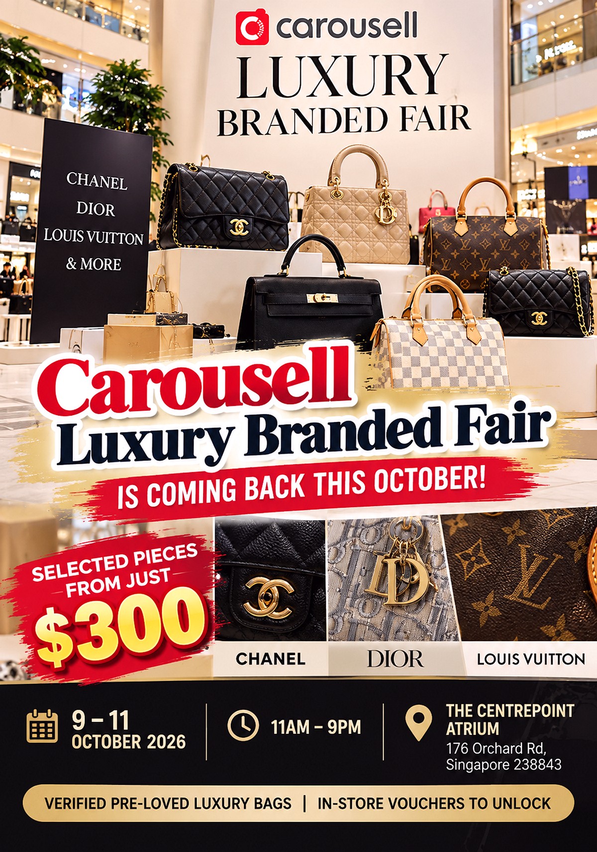 Luxury-Branded-Fair-Poster 9–11 Oct 2026: Carousell Luxury Branded Fair Sale – Pre-Loved Designer Bags from $300 at The Centrepoint