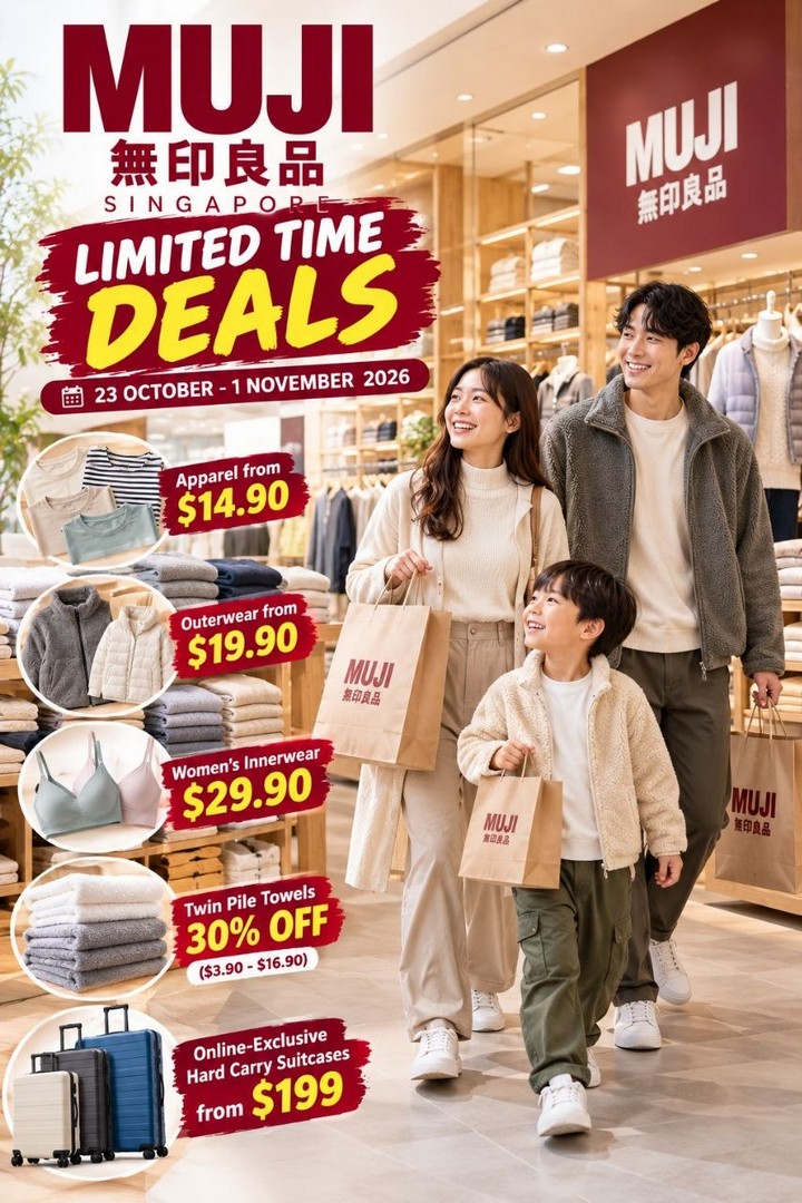 MUJI-Singapore-Limited-Time-Sale-–-Apparel-from-14.90-6 23 October–1 November 2026: MUJI Singapore Limited-Time Sale – Apparel from $14.90, Fleece Wear, 30% Off Towels & Suitcase Deals
