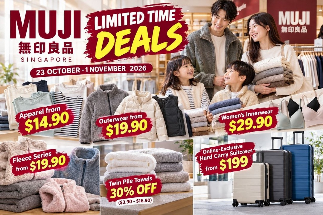 MUJI-Singapore-Limited-Time-Sale-–-Apparel-from-14.90 23 October–1 November 2026: MUJI Singapore Limited-Time Sale – Apparel from $14.90, Fleece Wear, 30% Off Towels & Suitcase Deals