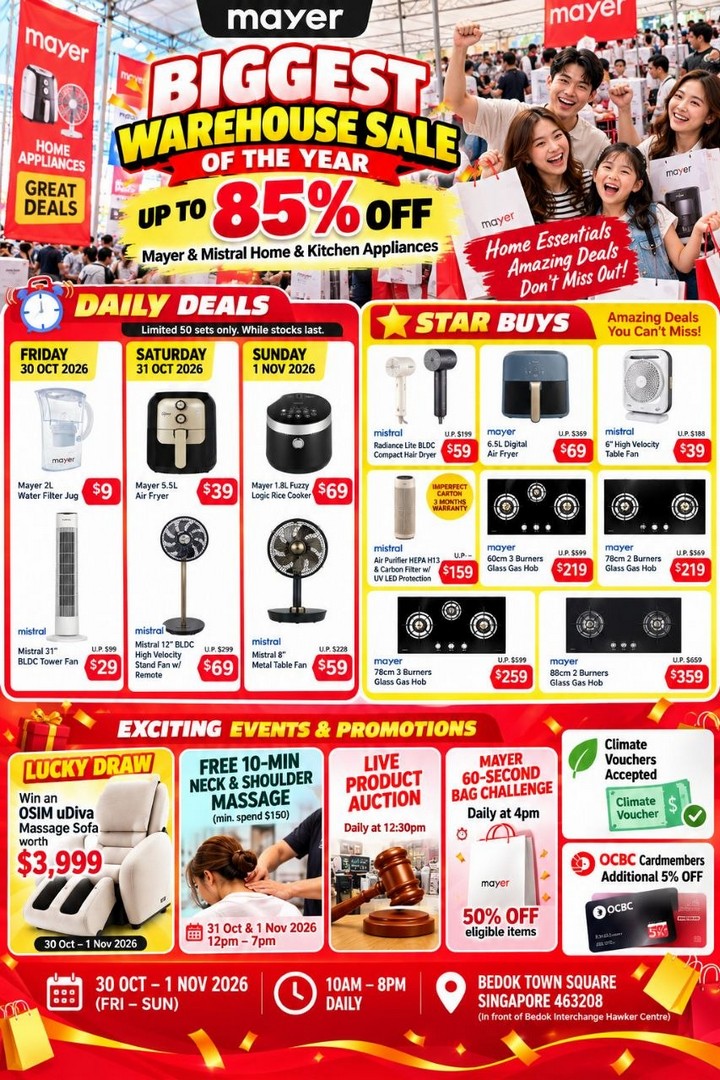 Mayer-Singapore-Biggest-Warehouse-Home-Sale-2026-3 30 October–1 November 2026: Mayer Singapore Biggest Warehouse Home Sale 2026 – Up to 85% OFF Appliances, Daily Deals from $9 at Bedok Town Square