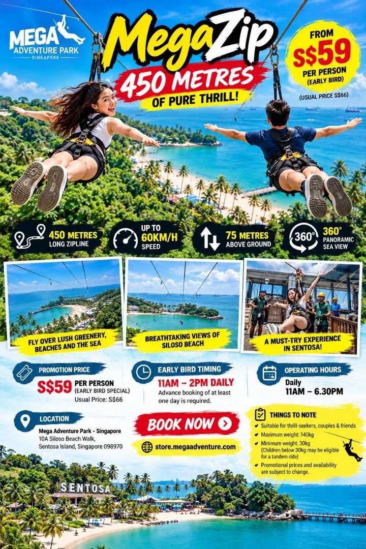 Mega-Adventure-Park-Singapore-MegaZip-Early-Bird-Promotion-1 15 October 2026 onwards: Mega Adventure Park Singapore: MegaZip Early Bird Promotion – Fly 450 Metres Above Sentosa’s Stunning Coastline for Just $59, Daily 11am–2pm