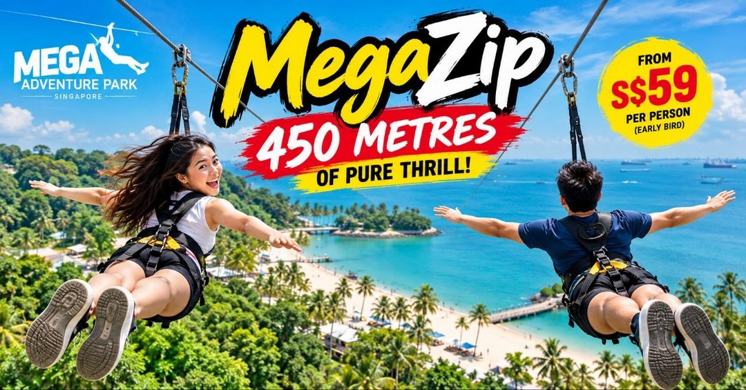 Mega-Adventure-Park-Singapore-MegaZip-Early-Bird-Promotion 15 October 2026 onwards: Mega Adventure Park Singapore: MegaZip Early Bird Promotion – Fly 450 Metres Above Sentosa’s Stunning Coastline for Just $59, Daily 11am–2pm