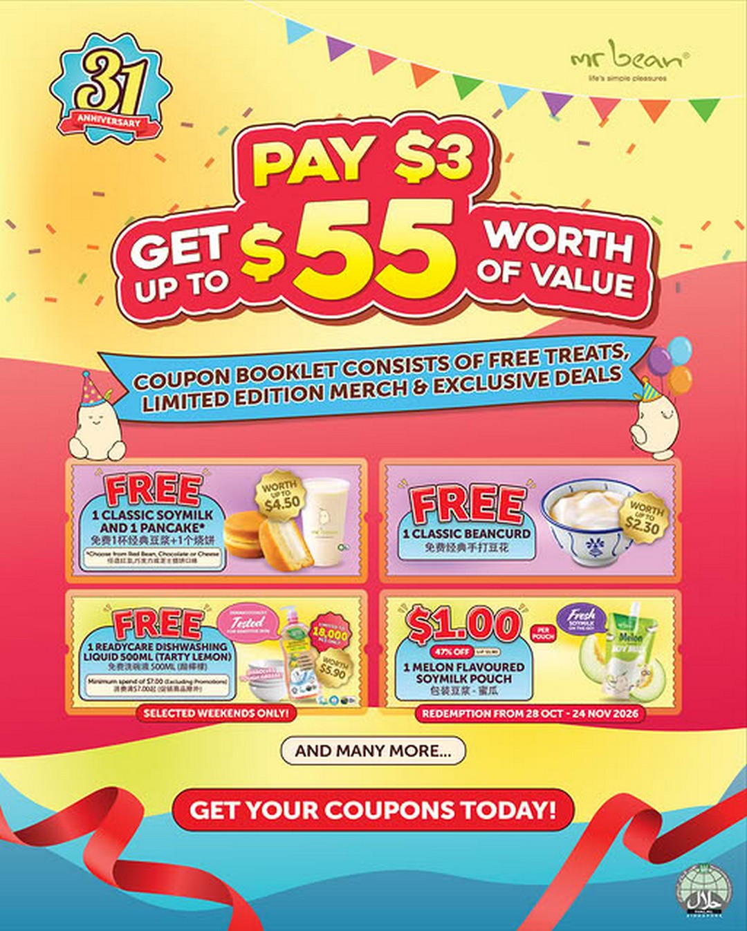 Mr-Bean-Singapore-31st-Anniversary-Promotion 26 October–16 December 2026: Mr Bean Singapore 31st Anniversary Promotion – $3 Coupon Booklet with Up to $55 in Value, Free Soymilk, Pancake, Beancurd and Exclusive Deals