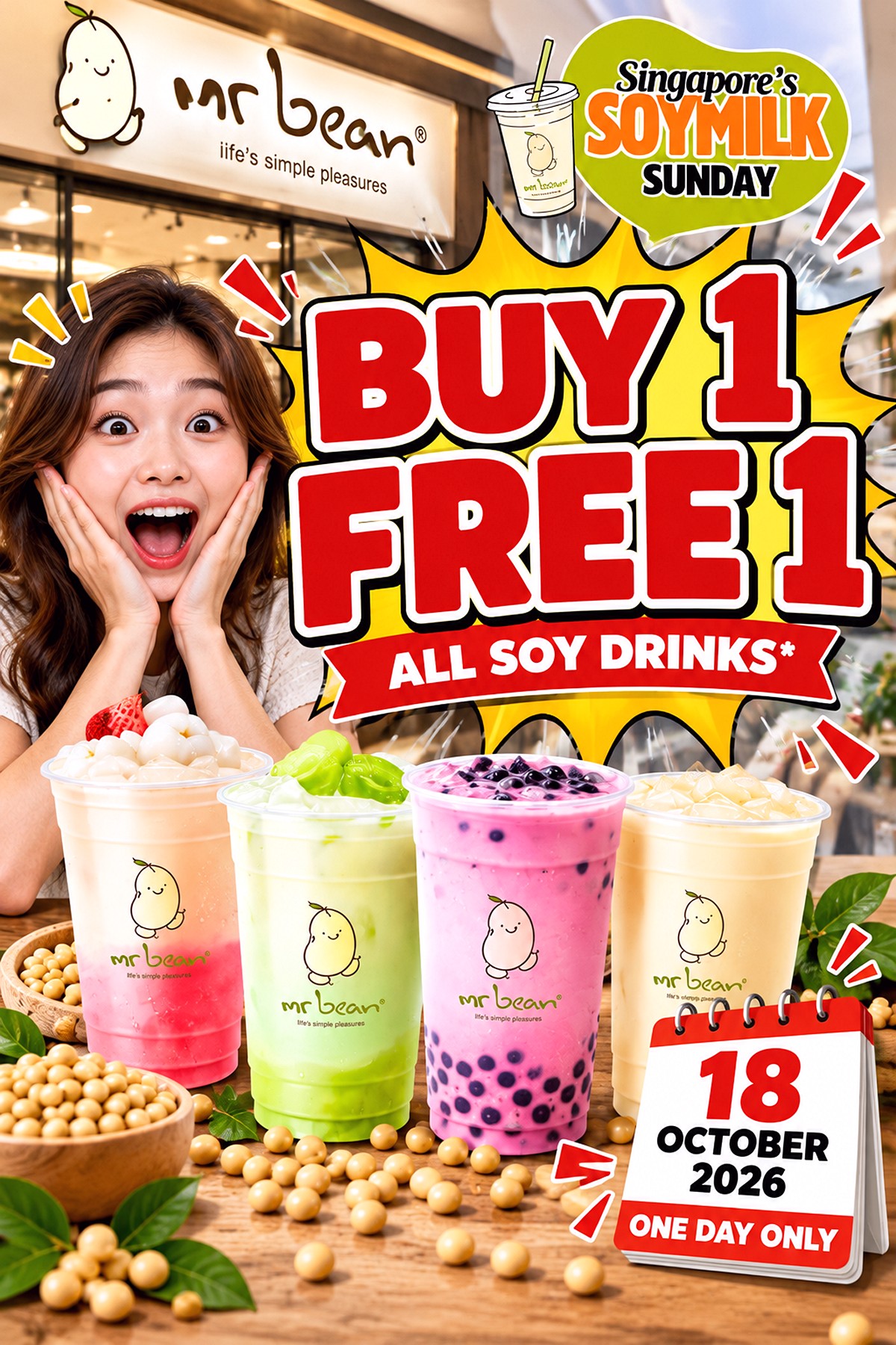 Mr-Bean-Soymilk-Sunday-Buy-1-Free-1 18 October 2026: Mr Bean Singapore Buy 1 Free 1 Soy Drinks Promotion for One Day Only
