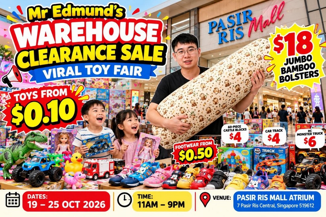 Mr-Edmunds-Warehouse-Clearance-Sale-at-Pasir-Ris-Mall 19–25 October 2026: Mr Edmund’s Warehouse Clearance Sale at Pasir Ris Mall – Toys from $0.10, $18 Jumbo Bamboo Bolsters and More!