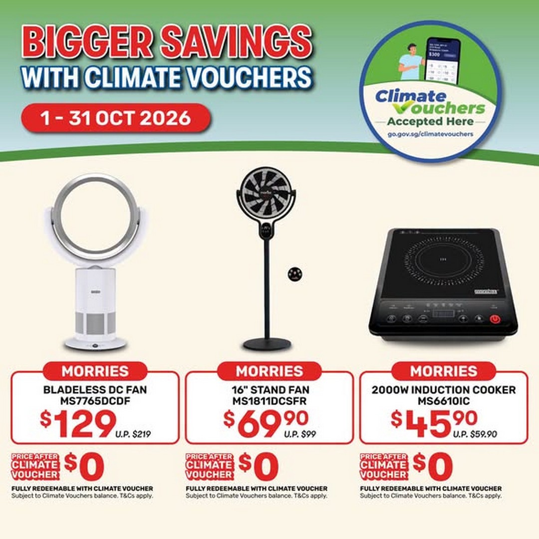 NTUC-FairPrice-Xtra-Energy-Efficient-Appliances-Promotion-1 1–31 October 2026: NTUC FairPrice Xtra Energy-Efficient Appliances Promotion – Save More with Climate Vouchers on Stand Fans, Bladeless Fans and Induction Cookers in Singapore