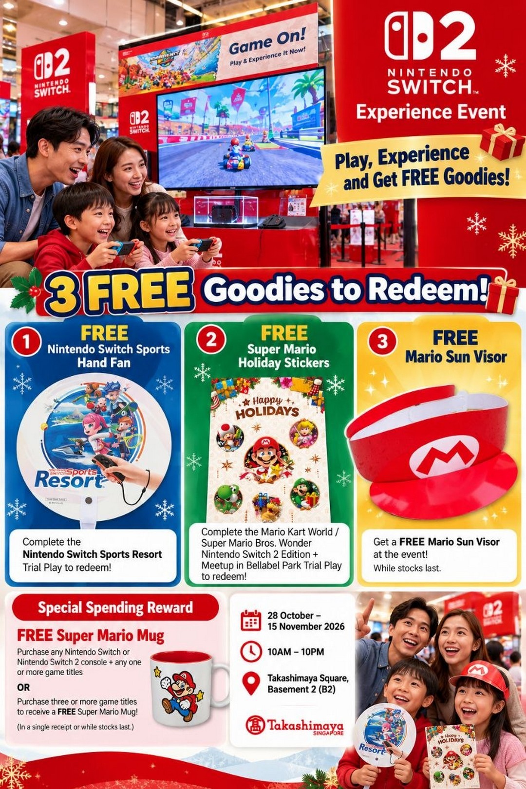 Nintendo-Singapore-FREE-Super-Mario-Stickers-5 28 October–15 November 2026: Nintendo Singapore FREE Super Mario Stickers, Mario Sun Visor & Nintendo Switch Sports Hand Fan Promotion at Takashimaya – Nintendo Switch 2 Experience Event, 10am–10pm