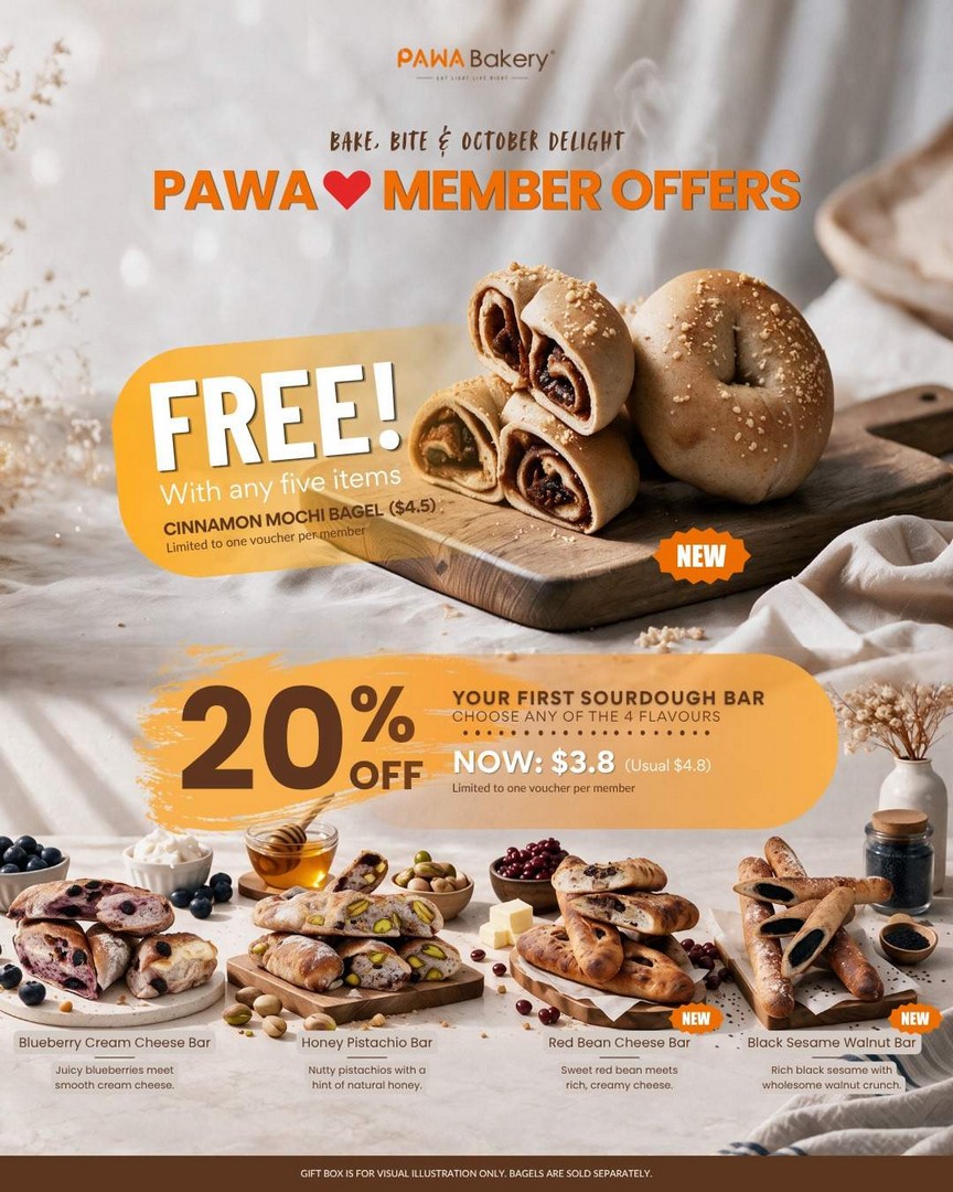 PAWA-Bakery-October-Member-Promotion-–-Get-a-Free-Cinnamon 2-31 October 2026: PAWA Bakery: October Member Promotion – Get a Free Cinnamon Mochi Bagel When You Buy Any 5 Items + 20% Off Your First Sourdough Bar