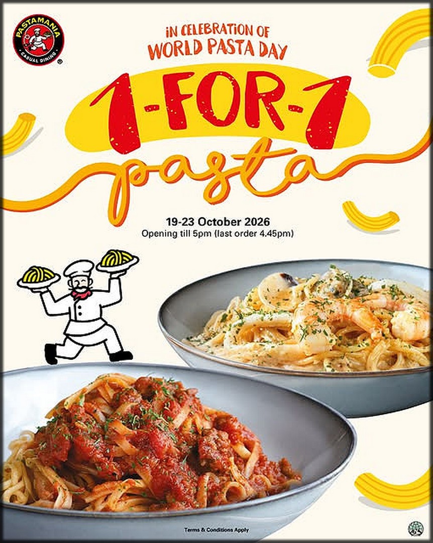 PastaMania-1-for-1-Pasta-Promotion-in-Singapore 19–23 October 2026: PastaMania 1-for-1 Pasta Promotion in Singapore – Celebrate World Pasta Day with Any Pasta Selection, Daily Until 5pm
