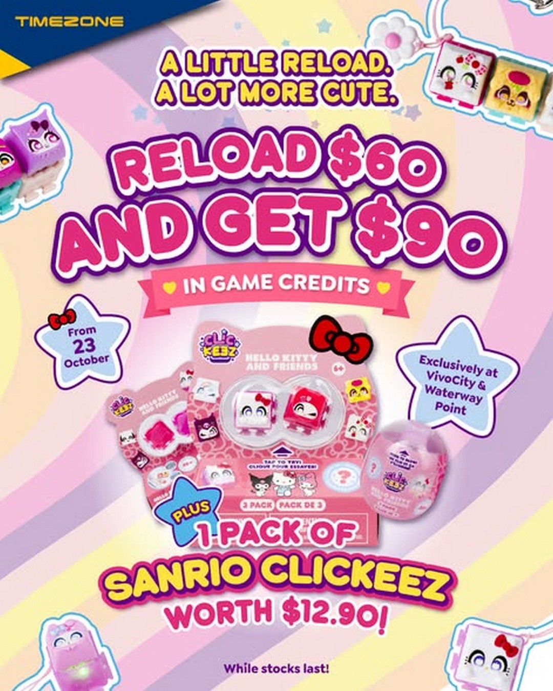 Pause-Play-Singapore-Sanrio-Clickeez-Promotion-1 23 October 2026 onwards: Pause & Play Singapore Sanrio Clickeez Promotion – Reload $60 to Get $90 Game Credits Plus a Free $12.90 Collectible Pack at Waterway Point and VivoCity