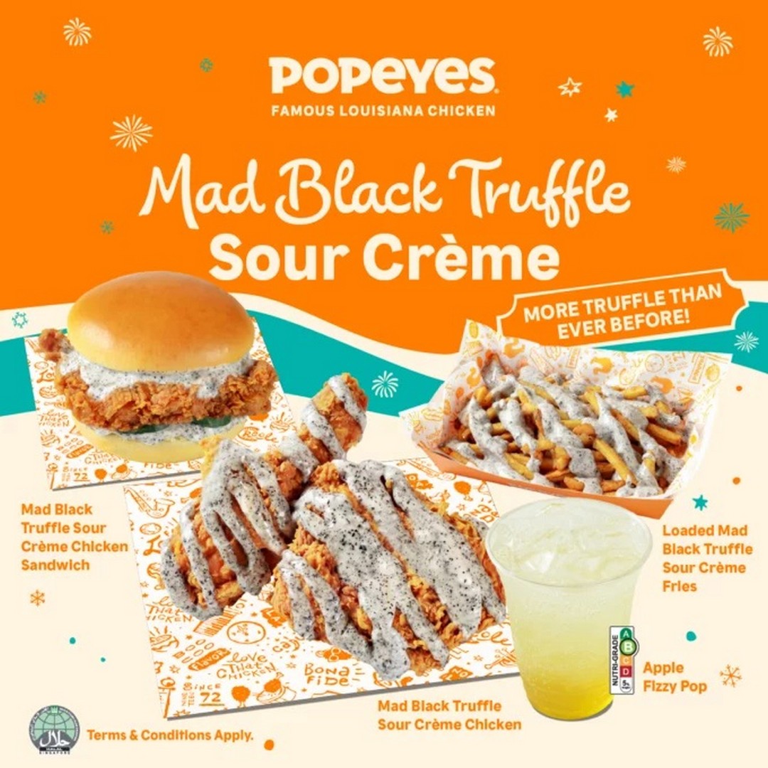 Popeyes-Singapore-Mad-Black-Truffle-Sour-Creme-Chicken 12 October 2026 onwards: Popeyes Singapore: Mad Black Truffle Sour Crème Chicken, Sandwich and Loaded Fries Promotion from $5.90, Including Meal Sets and Apple Pie Fizzy Pop