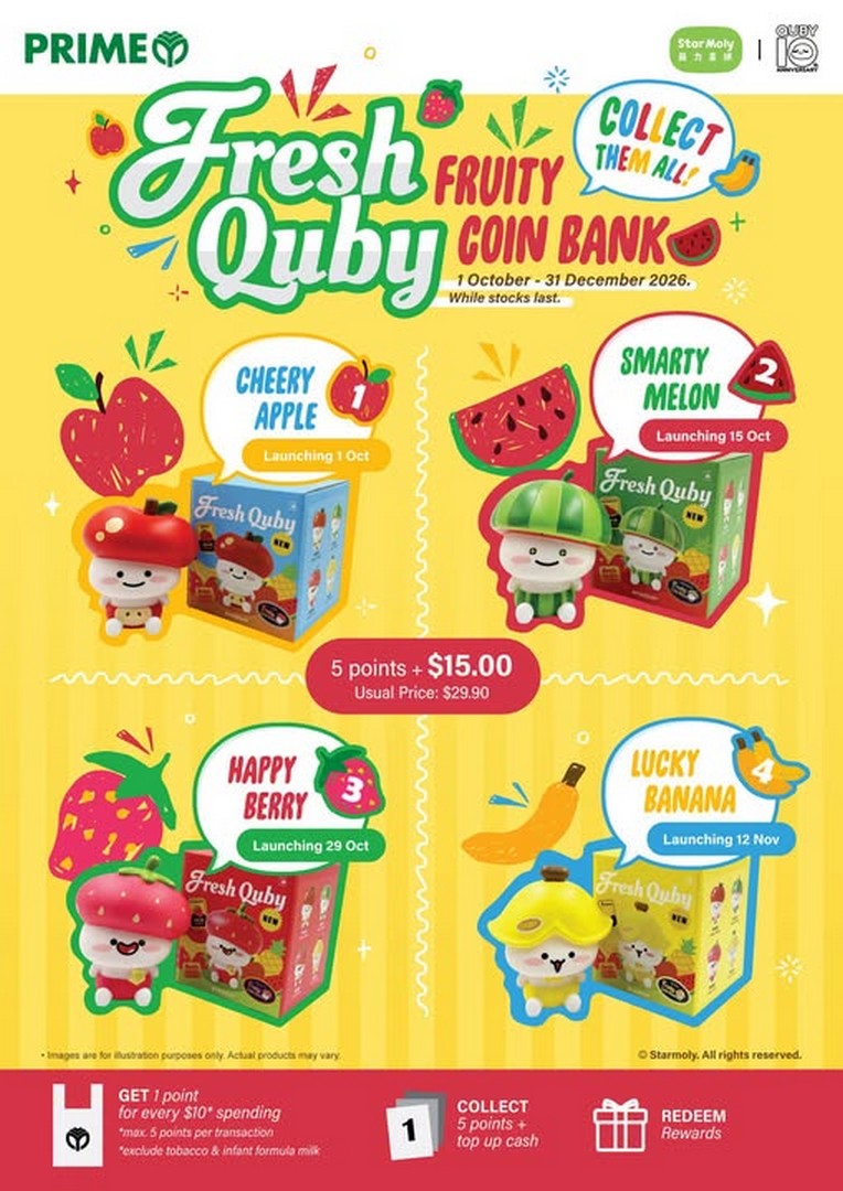 Prime-Supermarket-Fruity-Quby-Coin-Bank-Promotion 1 October-31 December 2026: Prime Supermarket: Fruity Quby Coin Bank Promotion – Collect Cute Fruit-Themed Coin Banks at $15 with 5 Points