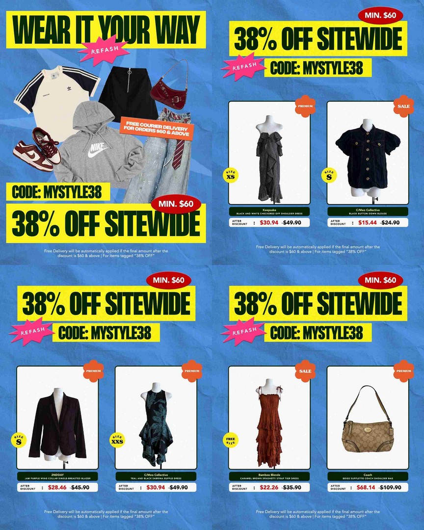 Refash-38-OFF-Sitewide-Sale-Promotion-with-Free-Delivery 18 September 2026 onwards: Refash: 38% OFF Sitewide Sale Promotion with Free Delivery, Online Preloved Fashion from $60