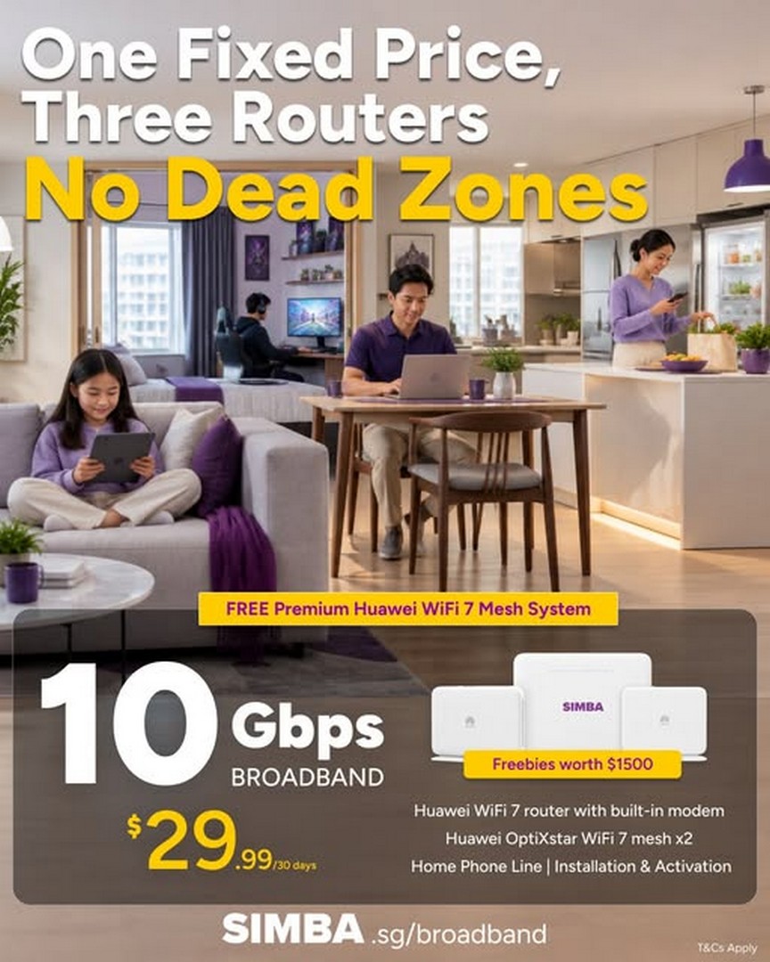 SIMBA-Telecom-Singapore-Broadband-Promotion 19 October 2026 onwards: SIMBA Telecom Singapore Broadband Promotion – $29.99 for 30 Days with Three Huawei WiFi 7 Routers, Free Installation and Home Phone Line