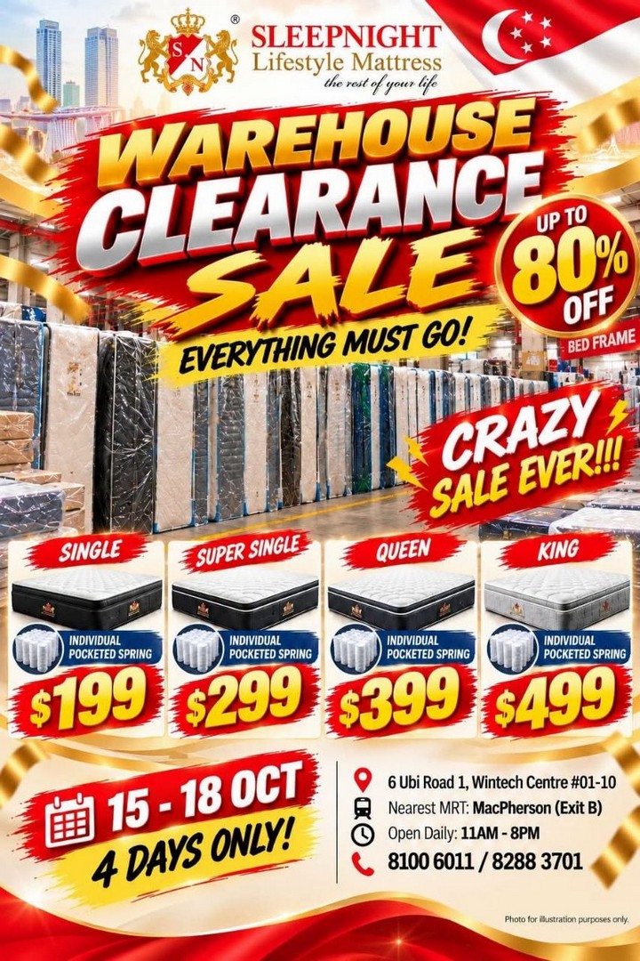 SLEEPNIGHT-Warehouse-Clearance-Sale-with-Up-to-80-Off-Mattresses-1 15-18 October 2026: SLEEPNIGHT: Warehouse Clearance Sale with Up to 80% Off Mattresses and Bedroom Furniture, Free Delivery, Free Taxi Claim and Free Parking in Singapore