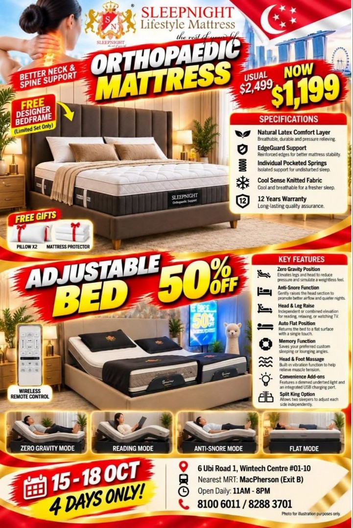 SLEEPNIGHT-Warehouse-Clearance-Sale-with-Up-to-80-Off-Mattresses-4 15-18 October 2026: SLEEPNIGHT: Warehouse Clearance Sale with Up to 80% Off Mattresses and Bedroom Furniture, Free Delivery, Free Taxi Claim and Free Parking in Singapore