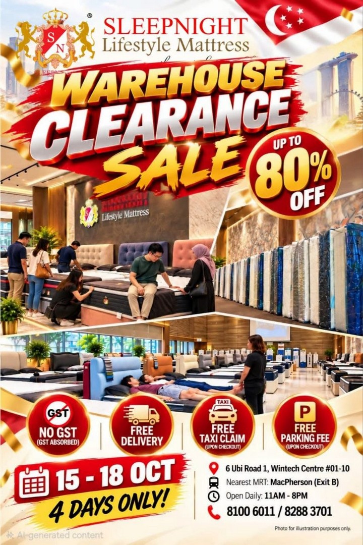 SLEEPNIGHT-Warehouse-Clearance-Sale-with-Up-to-80-Off-Mattresses 15-18 October 2026: SLEEPNIGHT: Warehouse Clearance Sale with Up to 80% Off Mattresses and Bedroom Furniture, Free Delivery, Free Taxi Claim and Free Parking in Singapore