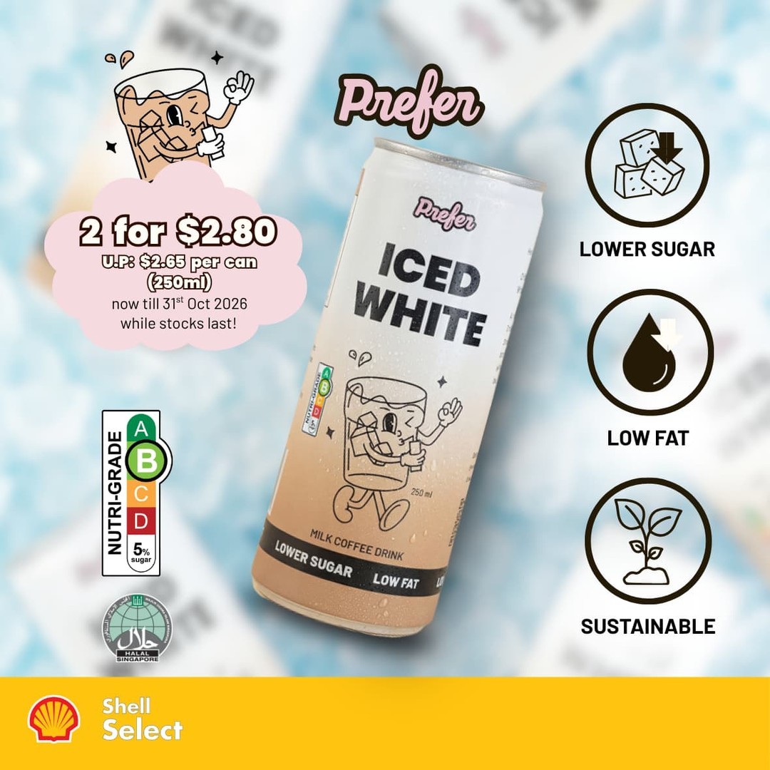 Shell-Prefers-Iced-White-2-for-2.80-Promotion 6-31 October 2026: Shell: Prefer’s Iced White 2-for-$2.80 Promotion – Lower Sugar, Low Fat Coffee Deal at Shell