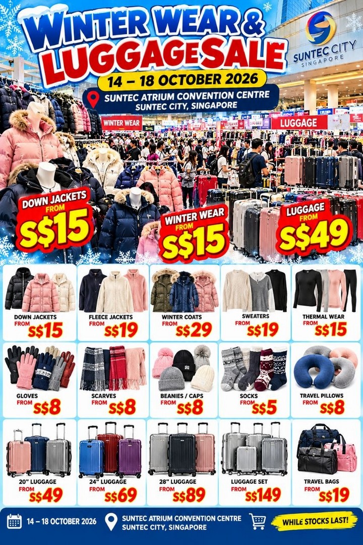 Suntec-City-Singapore-Winter-Wear-Luggage-Sale-1 14-18 October 2026: Suntec City Singapore: Winter Wear & Luggage Sale – Down Jackets from $15 and Luggage from $49 at Suntec Atrium Convention Centre