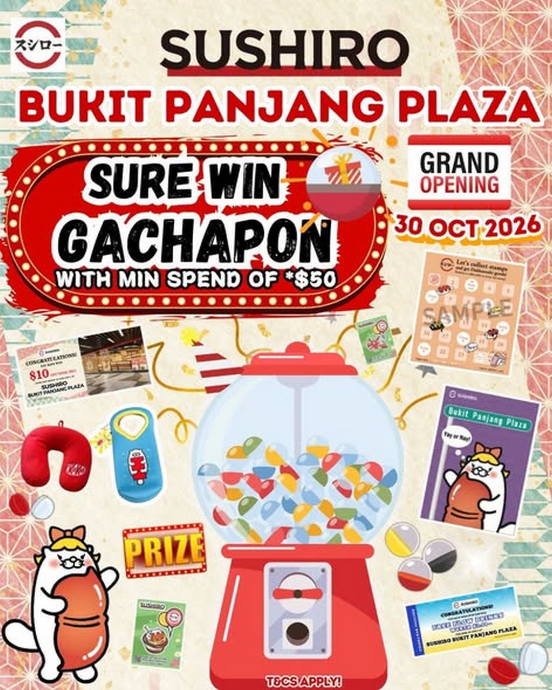 Sushiro-Singapore-Grand-Opening-Promotion 30 October-12 November 2026: Sushiro Singapore Grand Opening Promotion at Bukit Panjang Plaza – Up to 50% Off Premium Sushi, $6 Drinks & Sure Win Gachapon Prizes