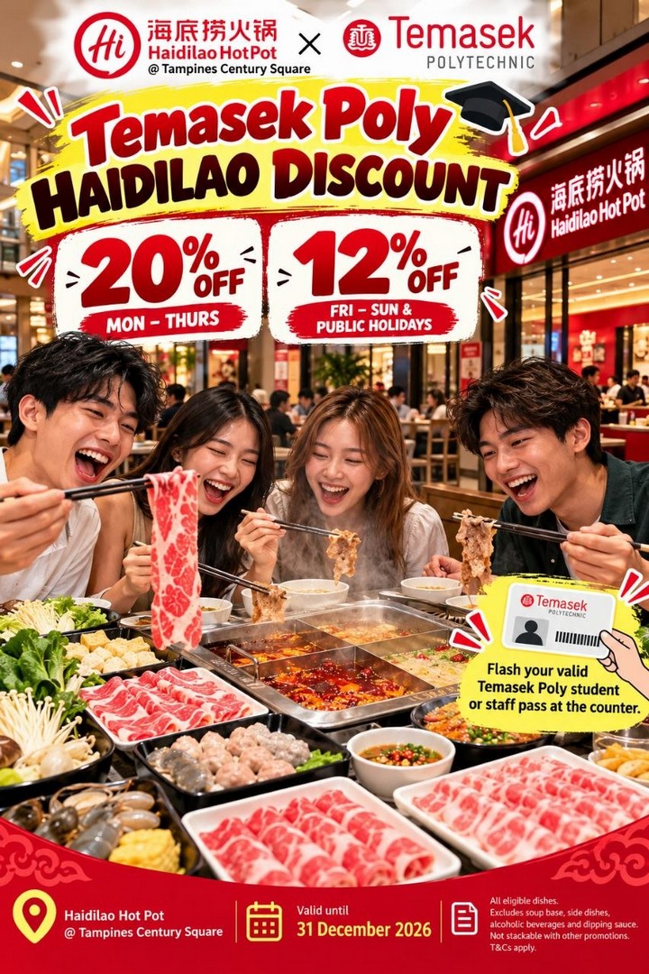 Temasek-Polytechnic-x-Haidilao-Hot-Pot-Singapore-Promotion-1 Now till 31 December 2026: Temasek Polytechnic x Haidilao Hot Pot Singapore Promotion – Enjoy Up to 20% OFF Eligible Hotpot Dishes at Tampines Century Square