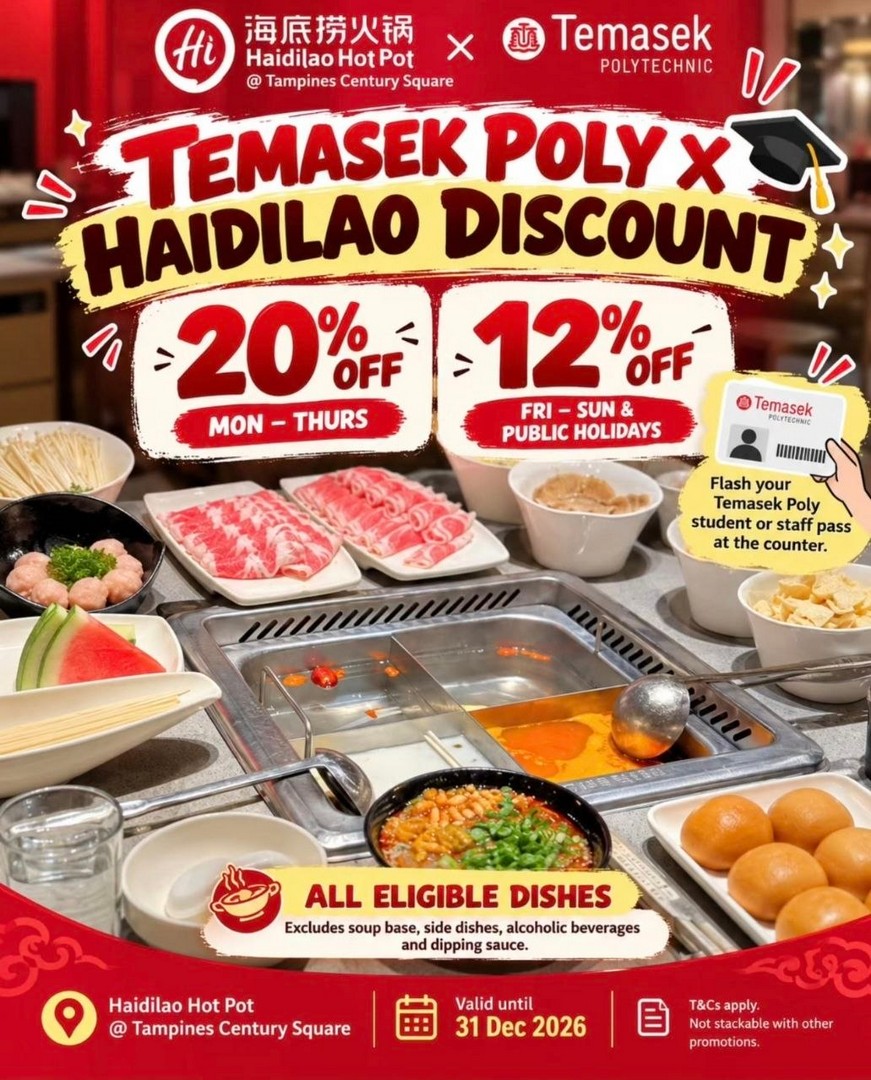 Temasek-Polytechnic-x-Haidilao-Hot-Pot-Singapore-Promotion-2 Now till 31 December 2026: Temasek Polytechnic x Haidilao Hot Pot Singapore Promotion – Enjoy Up to 20% OFF Eligible Hotpot Dishes at Tampines Century Square