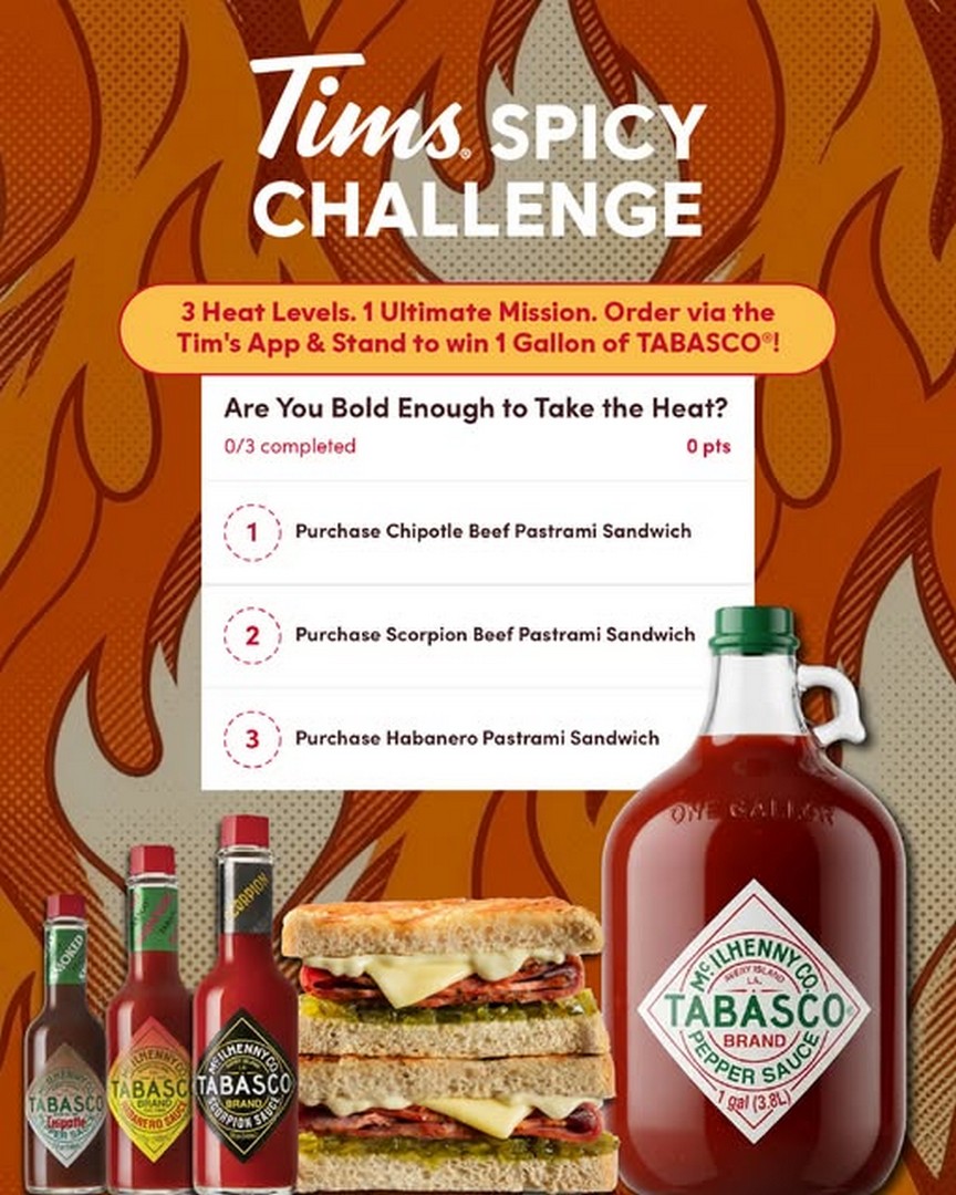 Tim-Hortons-Singapore-Tims-Spicy-Challenge-Promotion 1-31 October 2026: Tim Hortons Singapore: Tims Spicy Challenge Promotion – Complete 3 Spicy Sandwich Levels for a Chance to Win a Limited-Edition 1-Gallon TABASCO® Sauce Bottle via the Tim’s App