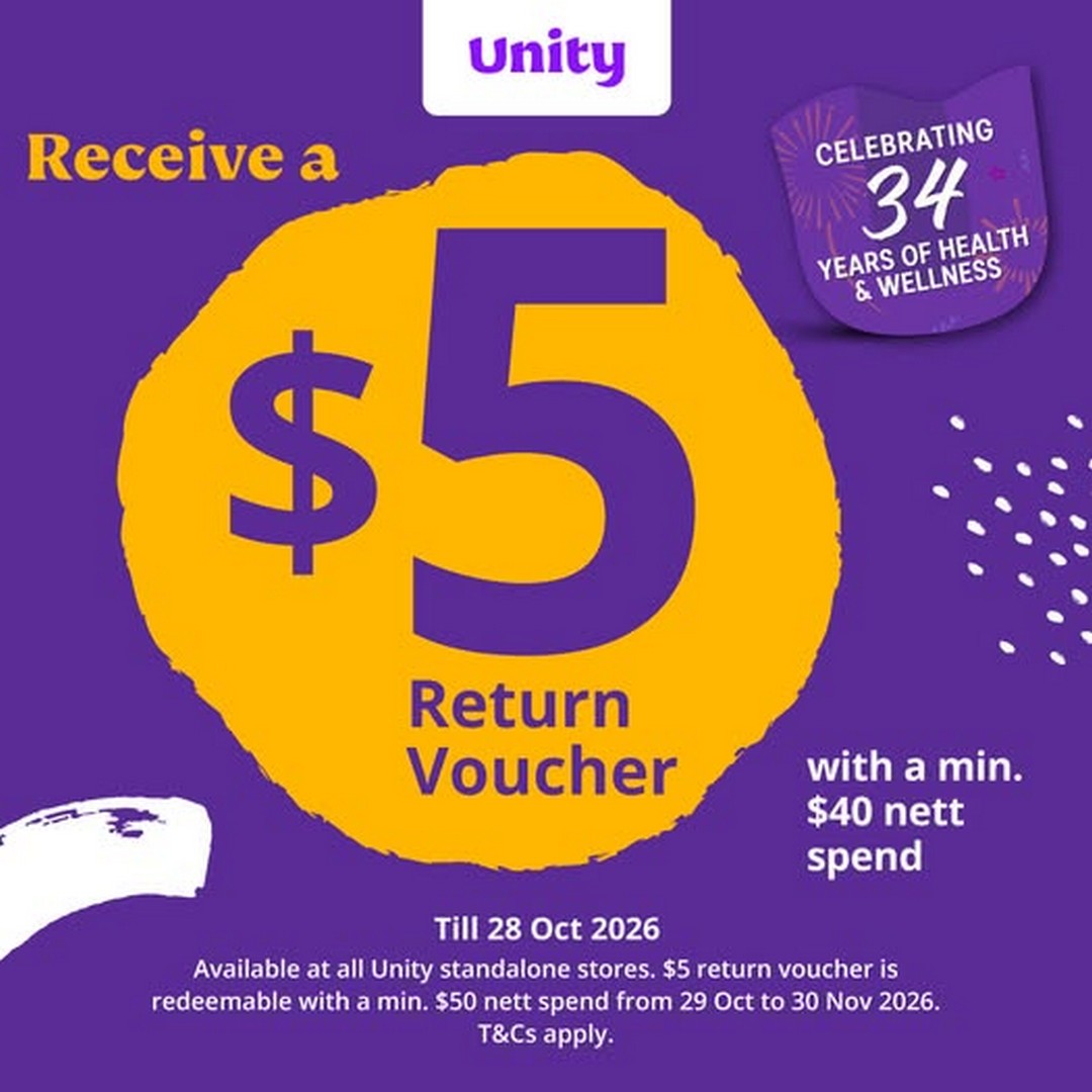 Unity-Pharmacy-Celebrate-Its-34th-Birthday-with-a-5-Return-Voucher Now Till 28 October 2026: Unity Pharmacy: Celebrate Its 34th Birthday with a $5 Return Voucher When You Spend $40 Nett at Standalone Stores in Singapore