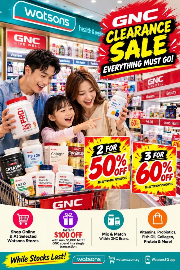 Watsons-Singapore-GNC-Clearance-Sale-1 16 October–31 December 2026: Watsons Singapore GNC Clearance Sale – Buy 2 Get 50% OFF, Buy 3 Get 60% OFF Selected Supplements Plus Extra S$100 OFF on S$1,000 Spend