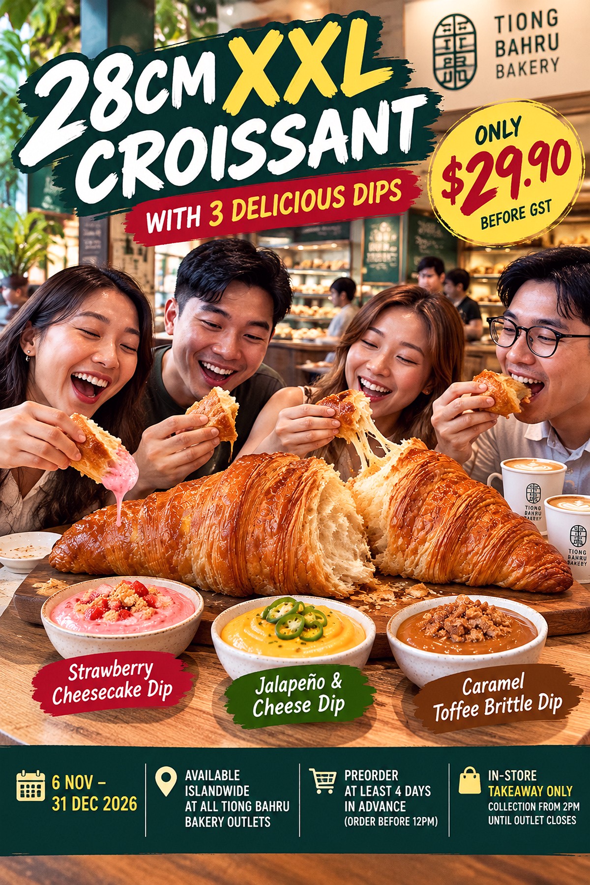 XXL-Croissant-Feast-at-Tiong-Bahru-Bakery 6 Nov–31 Dec 2026: Tiong Bahru Bakery XXL Grand Croissant Promotion – 28cm Giant Croissant with 3 Dips at $29.90 in Singapore