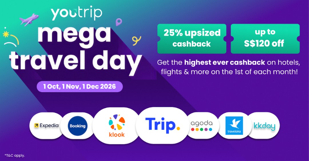 YouTrip-Mega-Travel-Day-Promotion-Enjoy-Up-to-S120-Off 1 October-1 December 2026: YouTrip Mega Travel Day Promotion: Enjoy Up to S$120 Off and Up to 25% Uncapped Cashback on Hotels, Flights, Car Rentals and Travel Experiences
